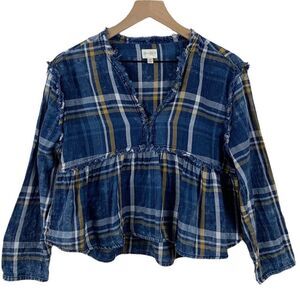 Love Fire Plaid Distressed Cropped Peasant Blue Top M